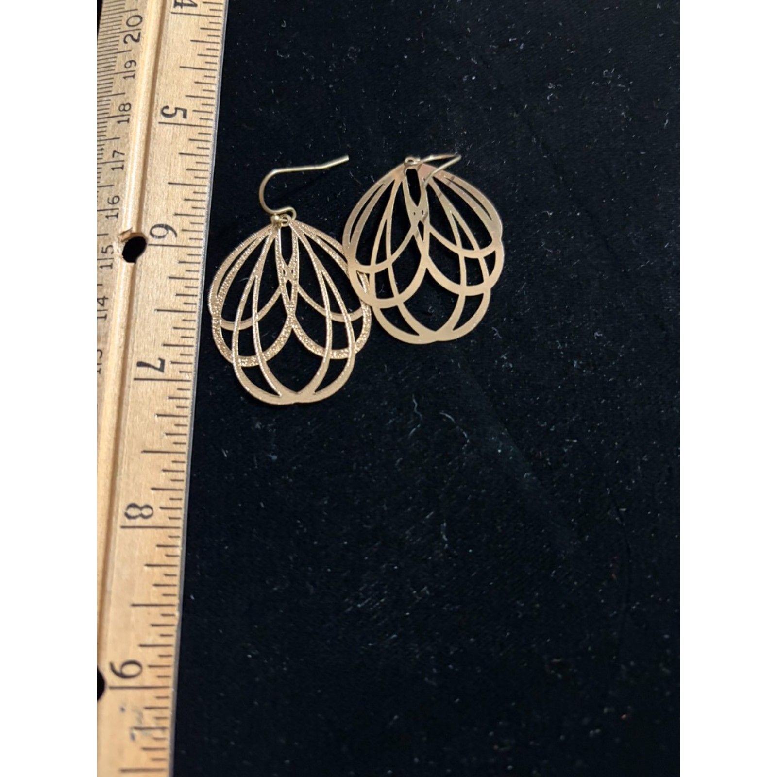 Gold Tone Filigree Fan Shaped Earrings With Textured Finish